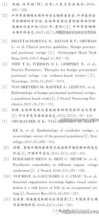 重视眩晕诊疗的规范化提升前庭疾病诊治水平参考文献